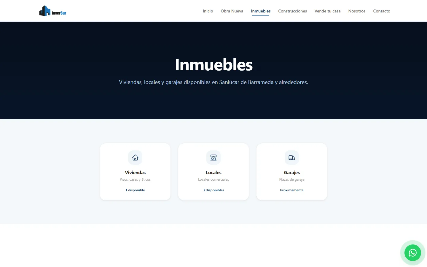 Sección de inmuebles de InverSur con categorías de viviendas, locales y garajes