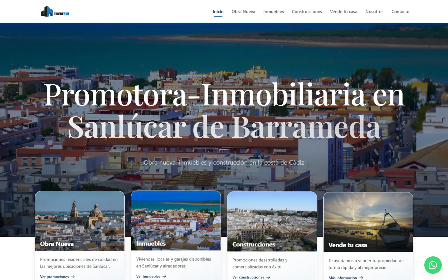 Portada real de inmobiliariainversur.com: hero con fotografía aérea de Sanlúcar de Barrameda y accesos a obra nueva, inmuebles, construcciones y venta